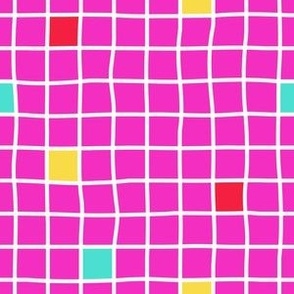 White on pink hand drawn grid with random colorful squares