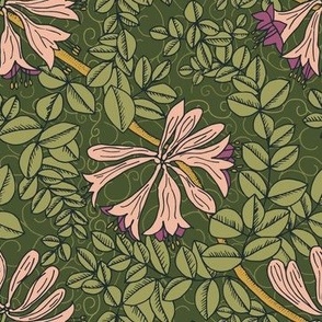 magenta and peach coral honeysuckle william morris style- large scale