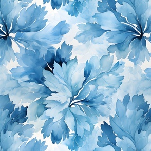 Blue Watercolor Ombre Leaves on White