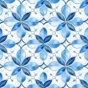 Blue Watercolor Floral Motifs on White