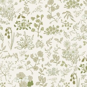 A sweet and nostalgic pattern of small wildflowers in olive, and light green