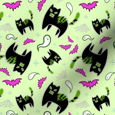 Halloween Angry Cats green pink on black 