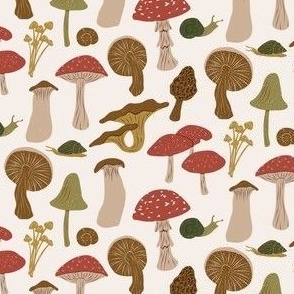 Whimsical Woodland Mushrooms and Snails in Multi