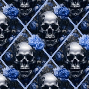Skulls And Roses Gothic Romance Elegance Pattern Blue Grey