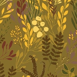 Green, Gold and Yellow Leaf Stems Scattered Naturalistically on Tan Background 24"