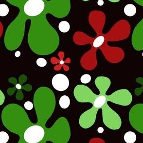 Funky Christmas red & green flowers on black background