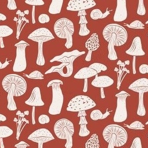Whimsical Woodland Mushrooms and Snails in Bright Red and Cream