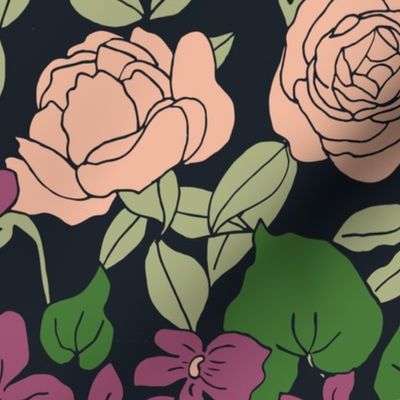 peachy pink cabbage roses on black violets moody floral