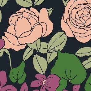 peachy pink cabbage roses on black violets moody floral