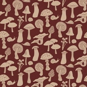 Whimsical Woodland Mushrooms and Snails in Dark Red and Beige