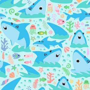 Shark Attack Pastel on Light Blue Extra Large for Bedding and Curtains
