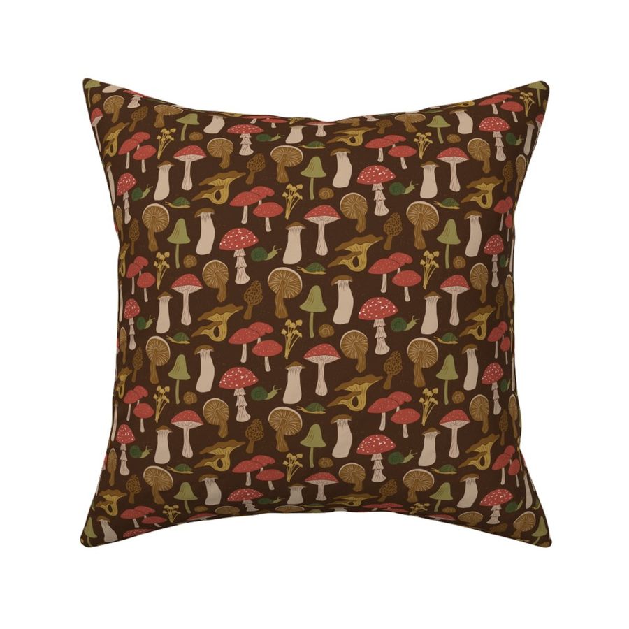 Whimsical Woodland Mushrooms and Snails in Earthy Brown