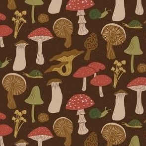 Whimsical Woodland Mushrooms and Snails in Earthy Brown