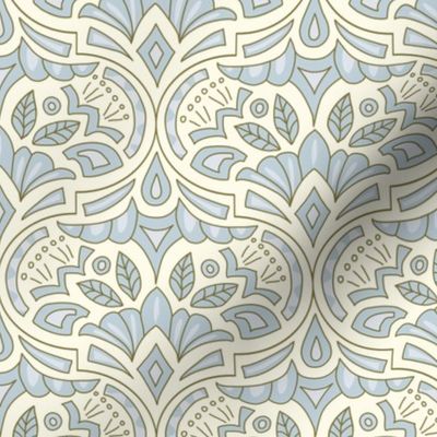 (M) French Country Medallion Ogee Pretty Soft Blue and Cream Modern Damask