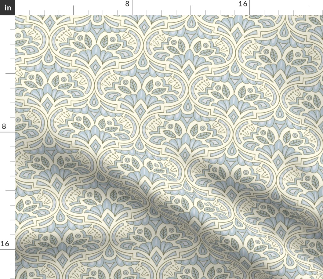 (M) French Country Medallion Ogee Pretty Soft Blue and Cream Modern Damask