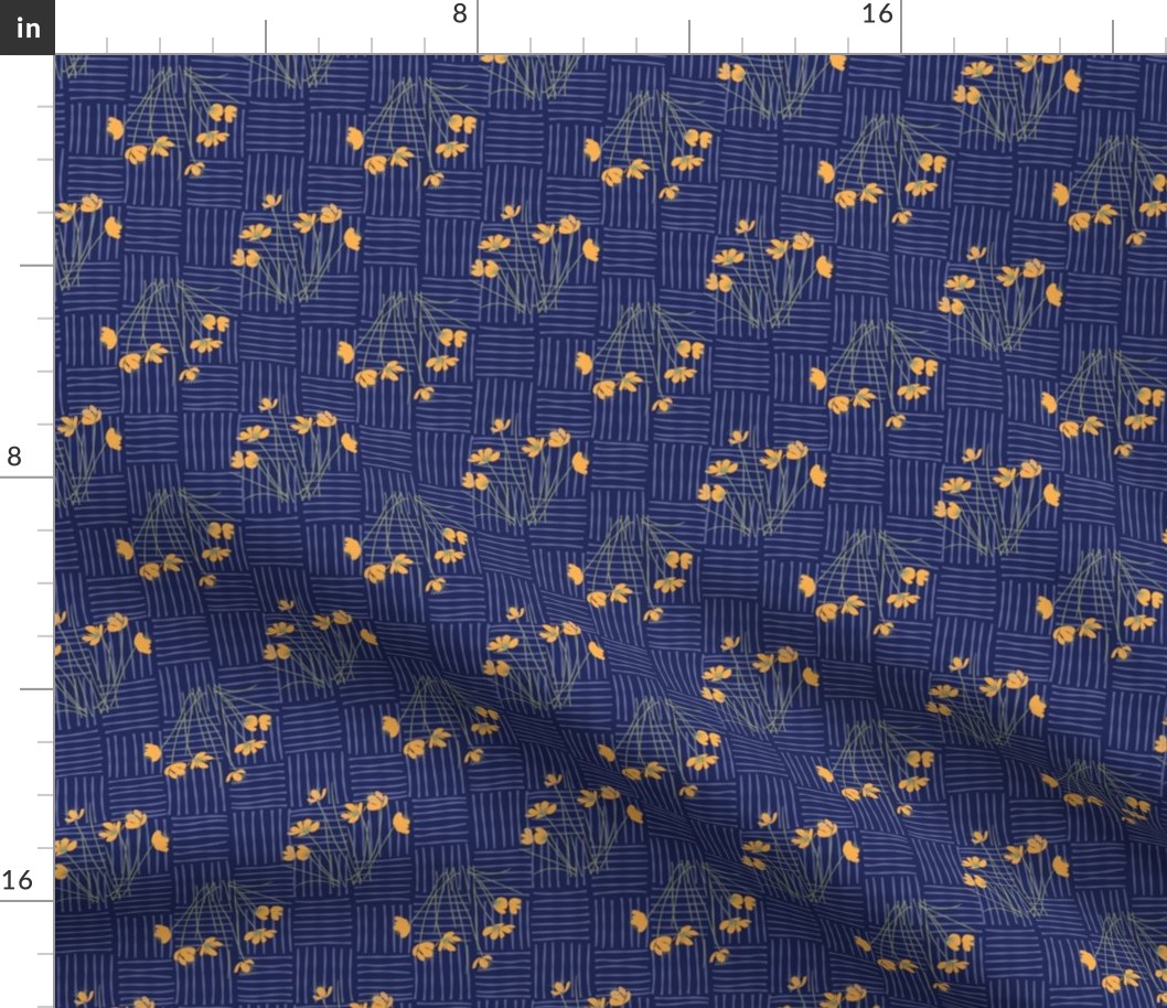 (S) Buttercups Bidrectional on a Woven Dark Blue Texture Medium