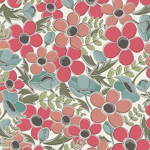 Retro Flowers in Blues and Pinks - Large