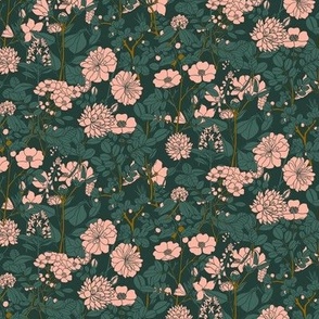 Pink Blossoms in an Evergreen Forest | Small Version | Arts and Crafts Style Pattern on Forest Green