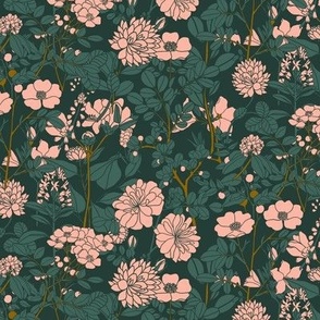 Pink Blossoms in an Evergreen Forest | Medium Version | Arts and Crafts Style Pattern on Forest Green