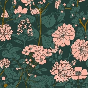 Pink Blossoms in an Evergreen Forest | Large Version | Arts and Crafts Style Pattern on Forest Green