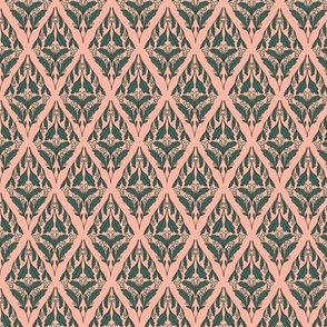 White Berries with Green Leaves in a Diamond Design | Small Version | Arts and Crafts Style Pattern on Pink