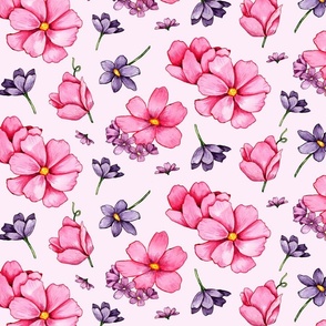 Pink and Purple Watercolour Florals - Pink background