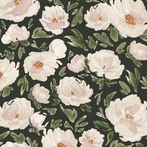 Medium - Cream Watercolour Florals - Charcoal Green