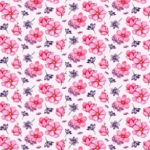 Small Scale Pink and Purple Watercolour Floral Fabric - pink background