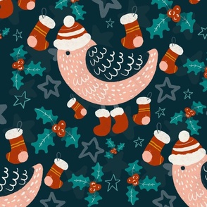 Christmas birds on navy - large