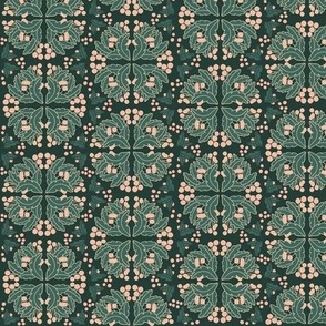 Pink Berries with Green Leaves in a Geometric Design | Small Version | Arts and Crafts Style Pattern on Forest Green