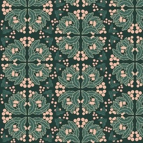 Pink Berries with Green Leaves in a Geometric Design | Medium Version | Arts and Crafts Style Pattern on Forest Green