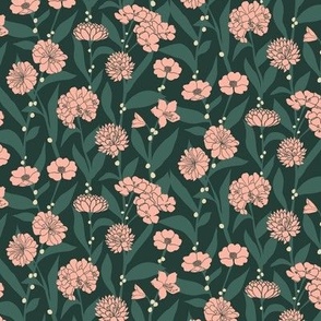 Pink Blossoms with White Berries in an Evergreen Forest | Small Version | Arts and Crafts Style Pattern on Forest Green