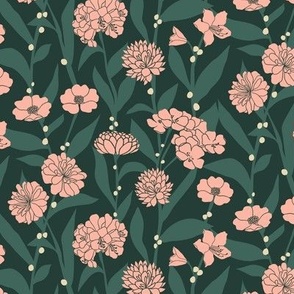 Pink Blossoms with White Berries in an Evergreen Forest | Medium Version | Arts and Crafts Style Pattern on Forest Green