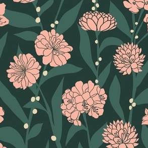 Pink Blossoms with White Berries in an Evergreen Forest | Large Version | Arts and Crafts Style Pattern on Forest Green