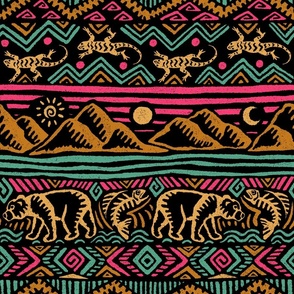 Mangatsika Mountain Stripe - extra large - gold, teal, and hot pink on black 