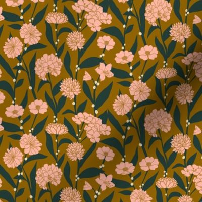 Pink Blossoms with White Berries on Goldenrod | Small Version | Arts and Crafts Style Pattern on Yellow
