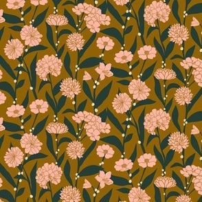 Pink Blossoms with White Berries on Goldenrod | Small Version | Arts and Crafts Style Pattern on Yellow