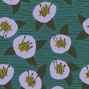 MEDIUM: Velvety lavender round Florals with leaves on a lined green background