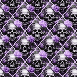 Skulls And Roses Gothic Romance Elegance Pattern Purple Grey Smaller Scale