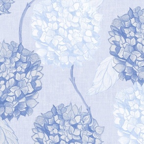 Layered Hydrangea flowers climbing in soft monochromatic periwinkle blue rococo large