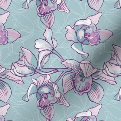 Hand-drawn Pink And Blue Orchid Blooms