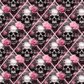 Skulls And Roses Gothic Romance Elegance Pattern Pastel Pink And Grey Smaller Scale