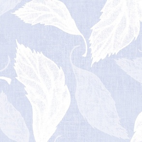 Large tossed hydrangea floral leaves in monochromatic periwinkle blue with linen texture
