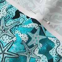 Teal starfish and coral reef watercolor 