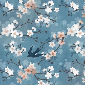 Swallow cherry blossom beige and blue watercolor