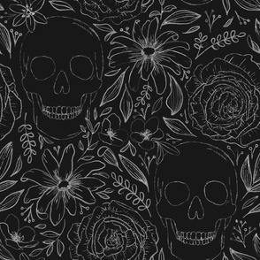 Whimsigoth Skeleton | Large Scale | Charcoal Black, light grey | hand drawn line art flowers