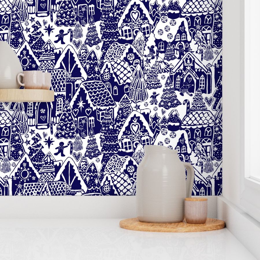 Candyland gingerbread village in navy and White