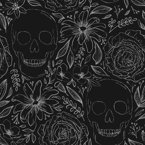 Whimsigoth Skeleton | Small Scale | Charcoal Black, light grey | hand drawn line art flowers