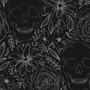 Whimsigoth Skeleton | Medium Scale | Charcoal Black, light grey | hand drawn line art flowers