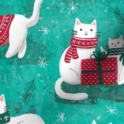 Cute white Christmas cats turquoise WB23 large scale